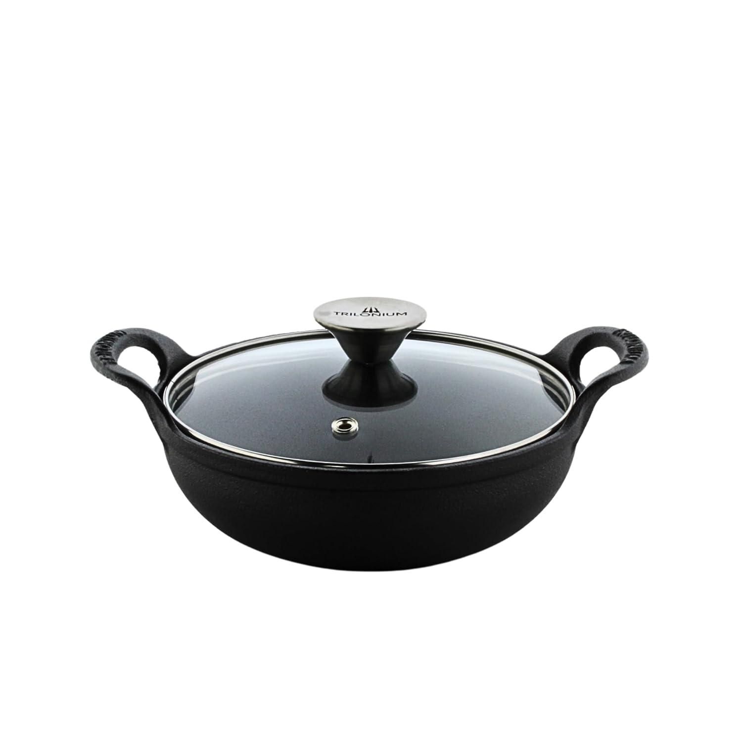 Trilonium Triple Seasoned Cast Iron CrockWok Mini Kadhai 20 cms, 1.2 kgs with Lid