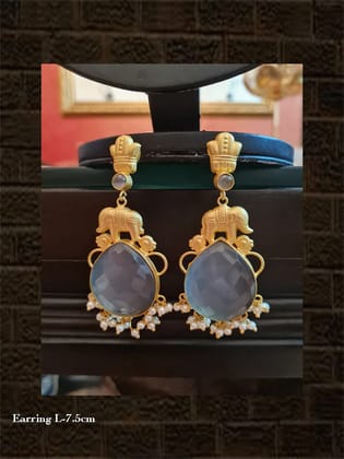 Grey tear drop shaped stone elephant design earring