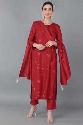 Red Silk Blend Solid Kurta Trousers With Dupatta PKSKD1614