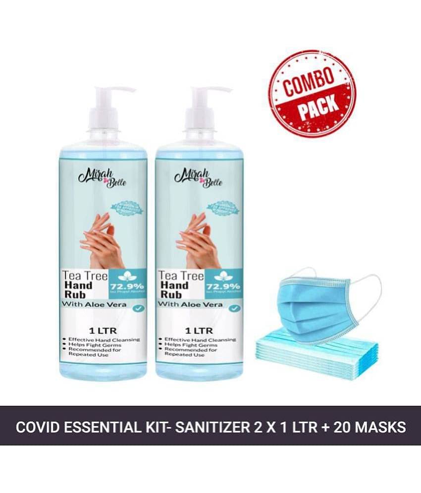 Mirah Belle Tea-Tree Aloe Vera Hand Rub Gel 1000ml(Packof2) & 20 Masks Sanitizers 2000 mL Pack of 2