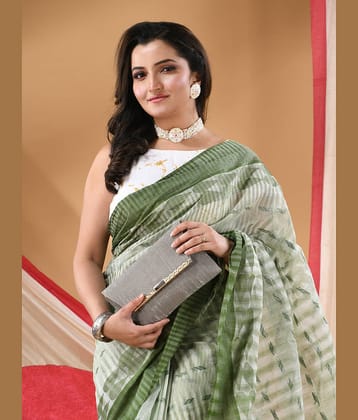Desh Bidesh Cotton Self Design Tant Saree Without Blouse Piece ( White )