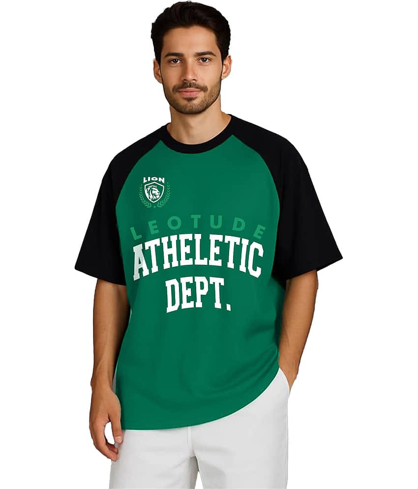 Leotude Men Cotton Blend Oversized Fit Printed T-Shirt ( Green )