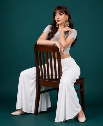 Generic Women's Georgette Solid Mid-Rise Wide Leg Flared Palazzo Pants with Elastic Waist, Ankle Length Trousers for Daily, Office and Casual Wear (White, L, Pack of 1, Design 67557) Generic Women's Georgette Solid Mid-Rise Wide Leg Flared Palazzo Pants with Elastic Waist, Ankle Length Trousers for Daily, Office and Casual Wear (White, L, Pack of 1, Design 67557)