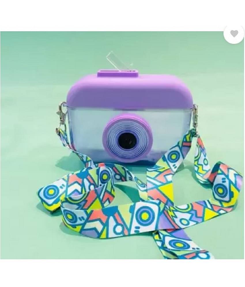 JELLIFY Cute Kids Plastic Water Bottles with Straws Camera Shape Bottle for Schooling 400 ml Water Bottle  (Set of 1, Purple, Blue, Yellow)