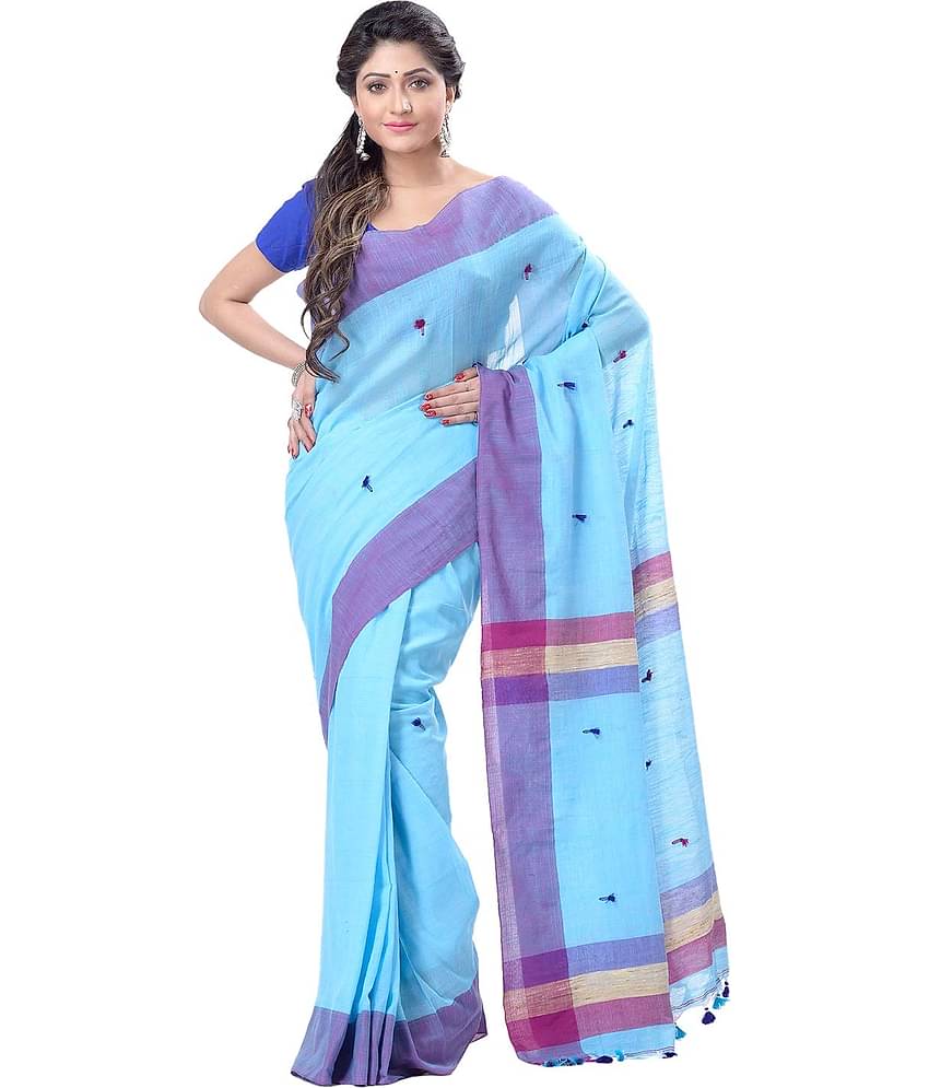 Desh Bidesh Cotton Self Design Saree With Unstitched Blouse Piece ( Blue,Pink )