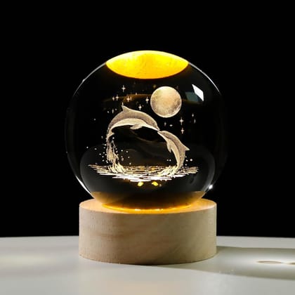 3D Crystal Ball Night Light | Dimmable Engraved LED Glass Ball Table Lamp with USB and Wooden Base for Home Decor, Office, Birthday Gift, Housewarming & Kids Bedroom. (Dolphin)
