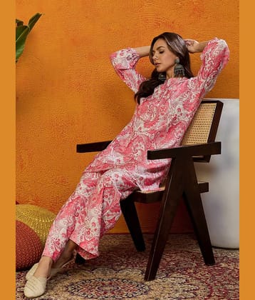 Vaamsi Women Printed Tunic With Trousers Co-Ord Set ( Pink )