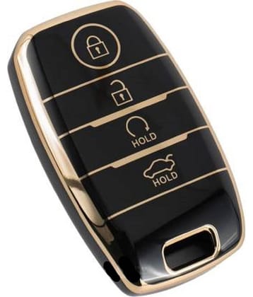 TPU Key Cover Compatible with Kia Seltos, Sonet, Carens, Carnival 4 Button Smart Key (Hold Button Down) (Black)