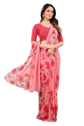 Women's Georgette Printed Saree with Unstitched Blouse (Red)