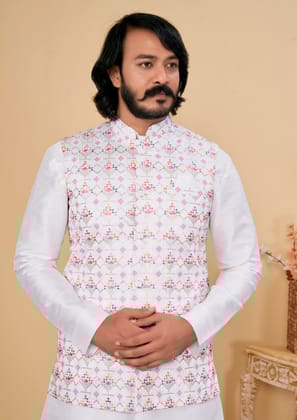 Elegant While Embroidered Nehru Jacket-S