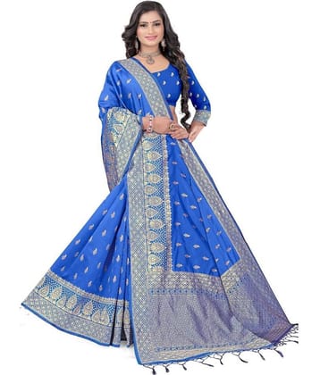 NENCY FASHIONS Banarasi Silk Embroidered Saree With Unstitched Blouse Piece ( Blue )