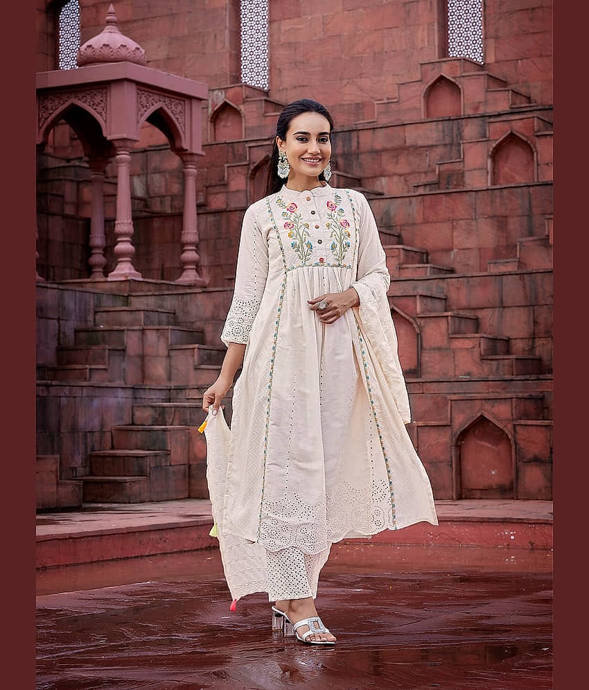 Royal Export Cotton Embroidered Kurti With Pants Women's Stitched Salwar Suit - Beige ( Pack of 1 )