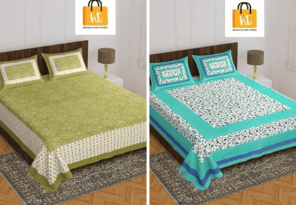 2201-Hometrade India- Standard Double Size (90*100 in )-Combo Jaipuri Double bedsheet With Matching Pillow Cover