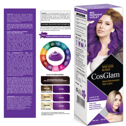 COSGLAM Semi Permanent Hair Color, No Peroxide, Non Oxidative, Ammonia Free Hair Colour 62 Midnight Violet - 120gm