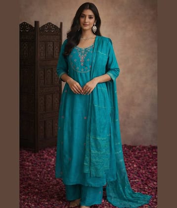 Aarika Women Cotton Blend Embroidered Straight Kurti With Pants ( Teal )
