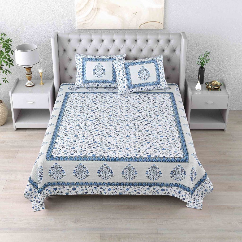 Authentic Sanganeri Print Pure Cotton Double Bed Sheet with 2 Pillow Covers