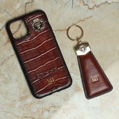 Customized Embossed Initial on Dark Brown Deep cut Leather Mobile Cover & Key Chain by Brune & Bareskin-X