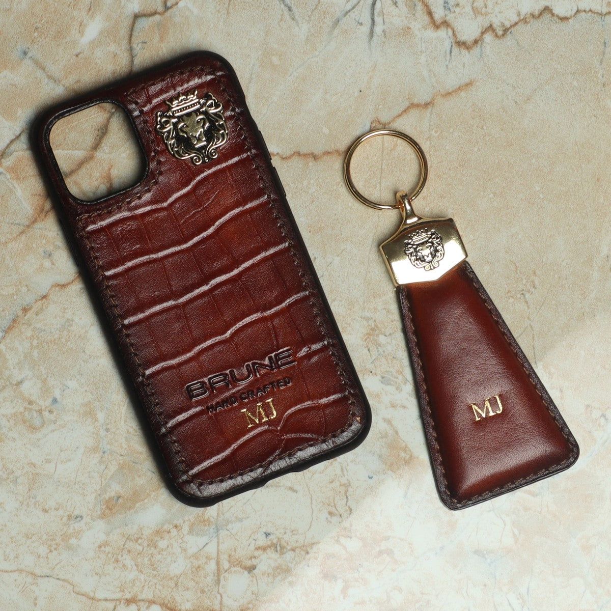 Customized Embossed Initial on Dark Brown Deep cut Leather Mobile Cover & Key Chain by Brune & Bareskin-X