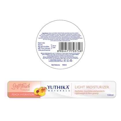 Yuthika Peach Hydration Light Moisturizer Cream for Face, Hand, Body, Dry Skin Moisturizer for All Skin Types - 100ml