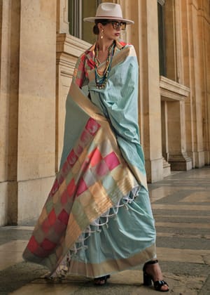 Pastel Blue Woven Banarasi Soft Silk Saree With Contrast Blouse