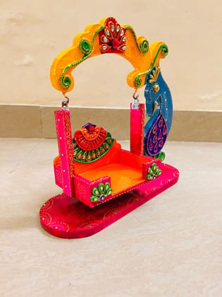 Handcrafted Wooden MDF and Paper Mache Jhula, Vibrant Colors, Home Temple Decor