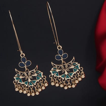 Antique Gold Plated Dual Colour Floral Hook Long Earring- AE