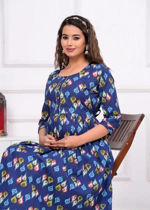 ComfyFeed Cambric Pure Cotton Maternity Cum Feeding Kurti(Blue)-M