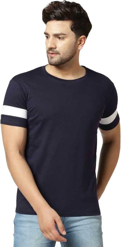 Men's Casual Colorblock Cotton Blend Round Neck T-Shirt (Blue, M)-PID47788
