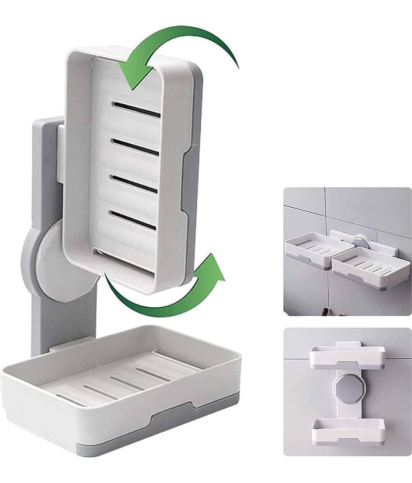 NCMART Plastic Wall Mounted Double Layers Soap Dish Saver with Drain Tray, Adhesive Sponge Holder No-Drilling Soap Holder for Shower Bathroom Kitchen (Multicolour) (Pack of 1)