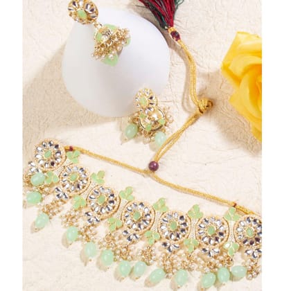 Gold Plated Kundan White Green Jewellery Set