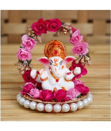 eCraftIndia White & Red Handcrafted Lord Ganesha On Decorative Plate With Throne Of Flowers Showpiece