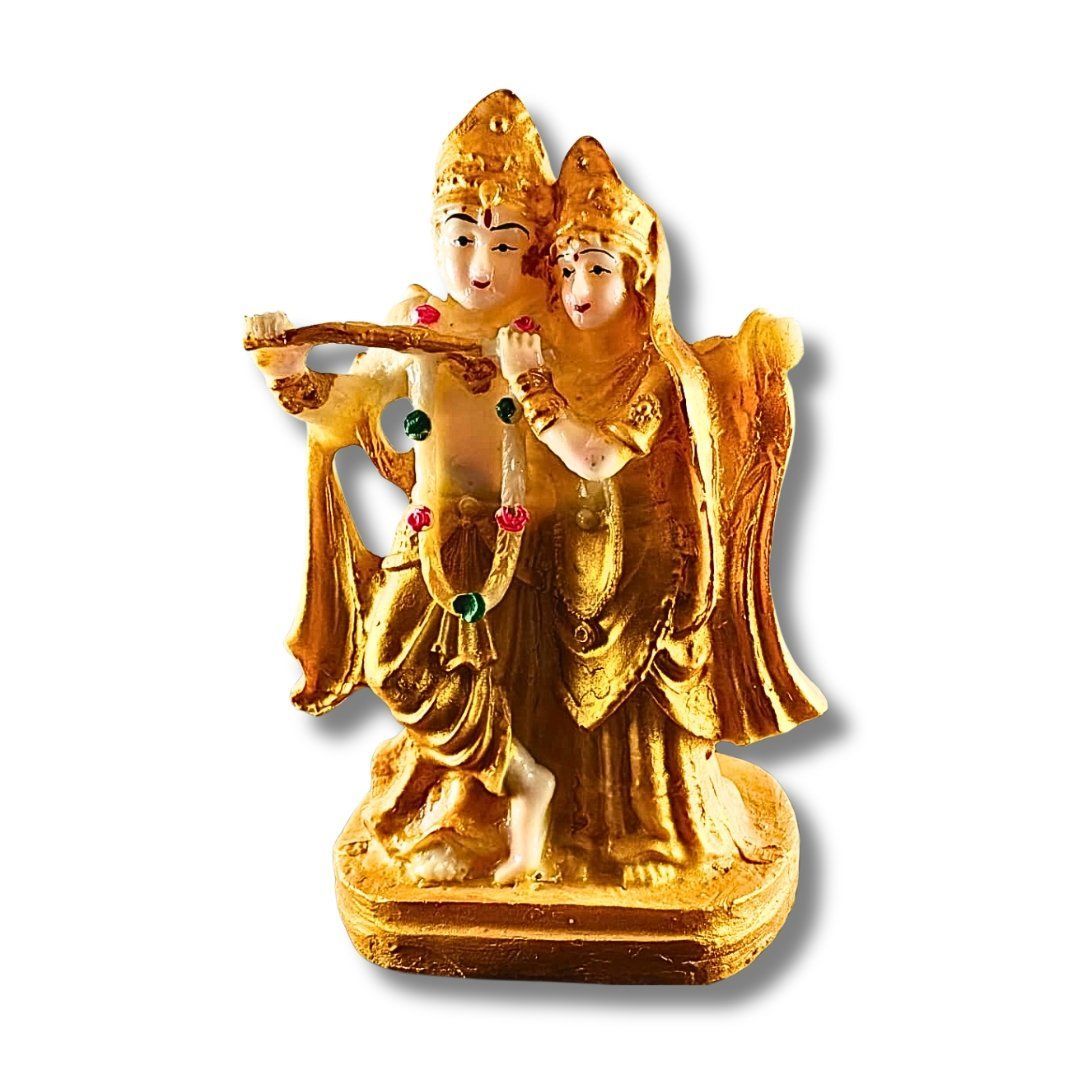 Golden Radha Krishna Vihar Idol (17 x 10 cm) | Divine Flute Krishna Murti with Radha | Saadhya Decors