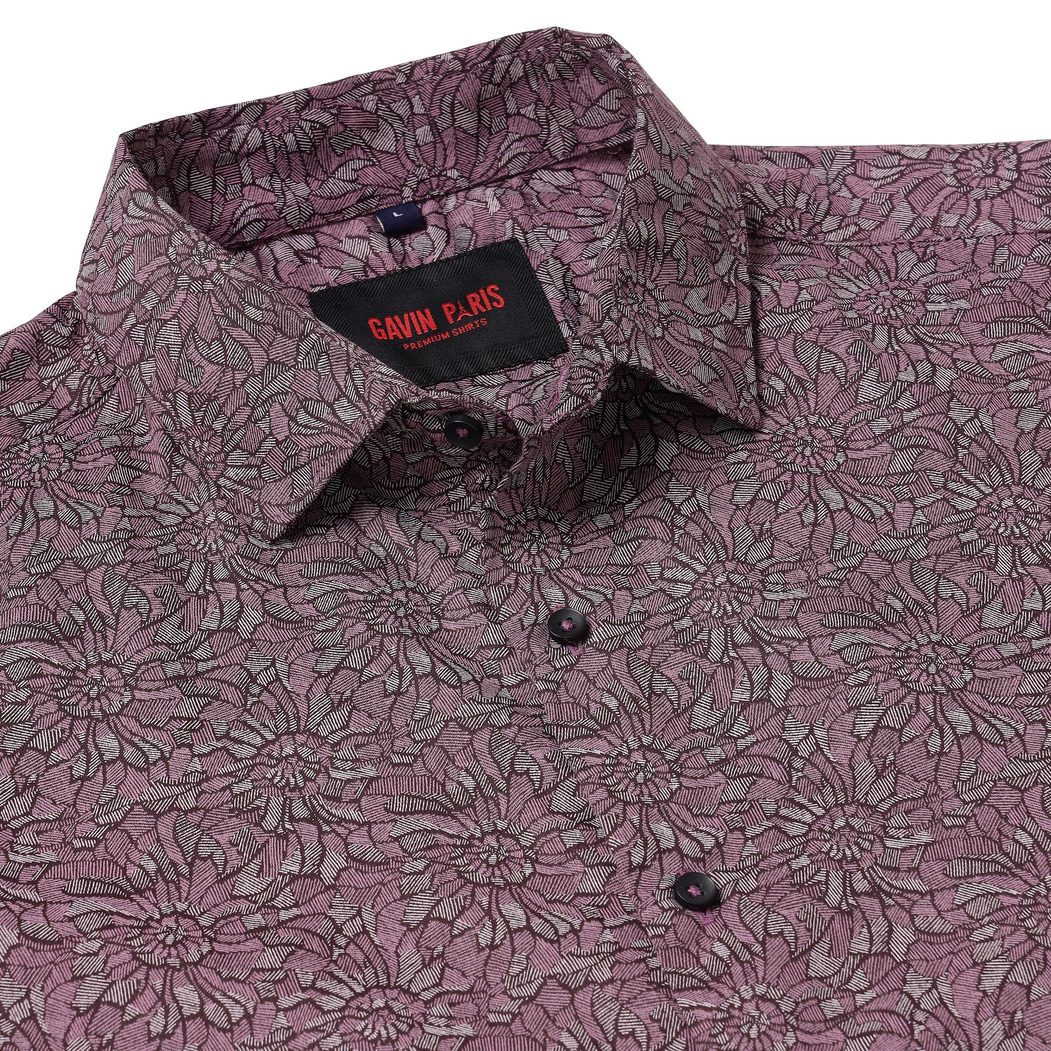 Burgundy Flower Pattern Slim Fit Full Sleeve Shirt (GP018)-S-36 / Full Sleeve