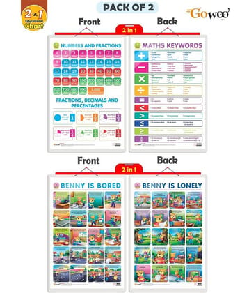 Set of 2 | 2 IN 1 NUMBER & FRACTIONS AND MATHS KEYWORDS and 2 IN 1 BENNY IS BORED AND BENNY IS LONELY Early Learning Educational Charts for Kids