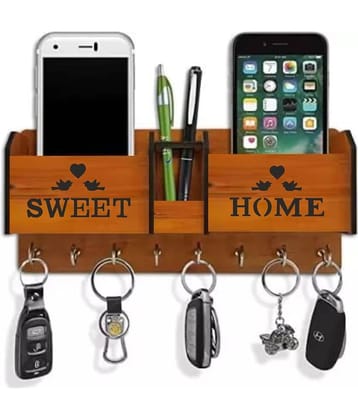 Big Boss Enterprises Sweet Home With Love Birds and Heart with 2 Pocket Mobile Holder, Pen Stand Wood Key Holder Stand (8 Hooks, Brown)
