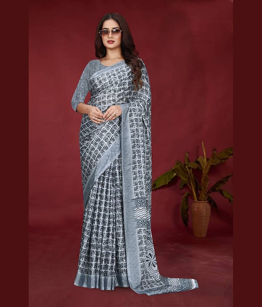 JIHANA FAB Chiffon Printed Saree With Unstitched Blouse Piece ( Grey )