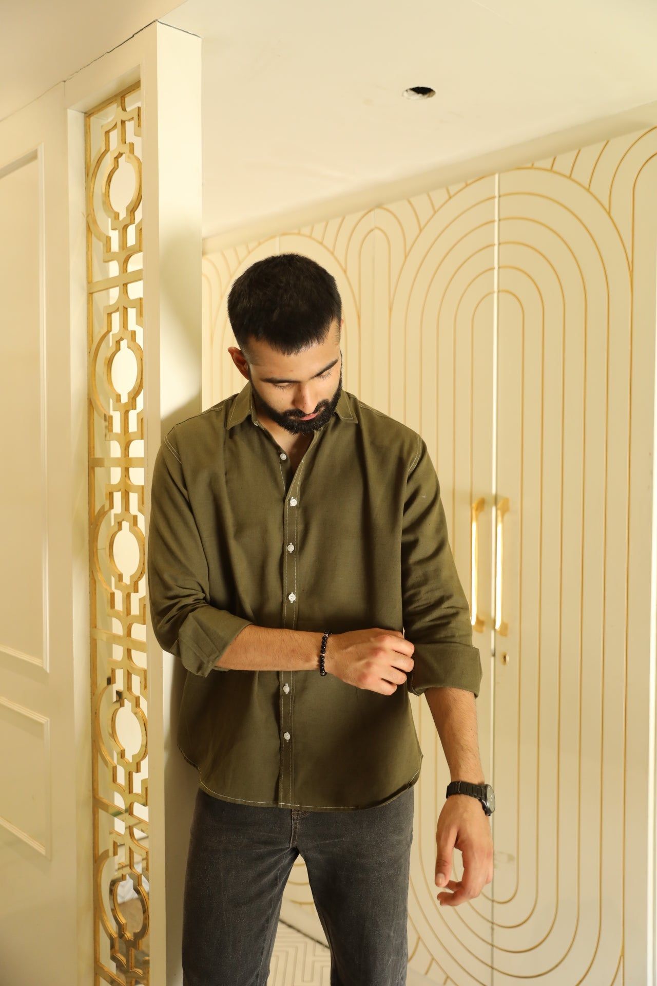 Olive Green Threaded Classic Shirt-M