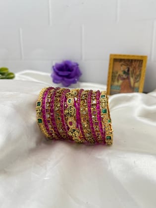 Luxurious Antique Bangle Set With Rani Pink Rain Drop Glass & Metal Bangle Set - 5144 - Design 2-2.2 / Both Hands (you will get 2 sets)