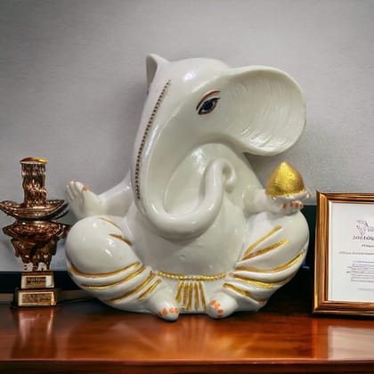 White Marble Ganesha with Modak Murti Statue Figurine for Home Decor H-14 cm-Composite Marble