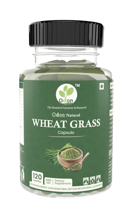 ODON NATURAL Wheatgrass Capsules 120 Count | Herbal Supplement for Increased Energy Levels, Natural Detox & Internal Cleansing | Ayurvedic Daily Wellness Capsules for Men & Women