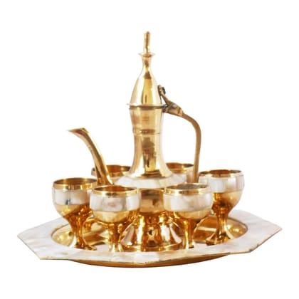 Brass Wine Set With Seep Work (6 Glass + Surahi + Tray) | Luxury Miniature Toy, Height : 0.5 Inch (ZMAS363 C)