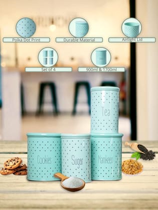 Tea & Sugar Jar (Each 900 Ml) + Cookie & Namkeen Jar (Each 1700 Ml) - Polka Dot Green, Set Of 4