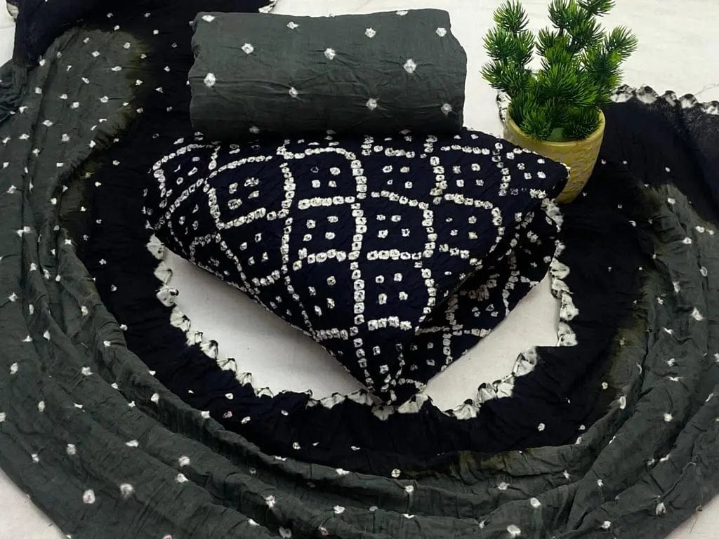 Cotton Satin Dual Contrast Hand Crafted Kutchi Bandhani Material (Unstitched)-Black-Grey