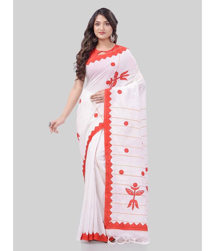 Desh Bidesh Cotton Applique Saree With Unstitched Blouse Piece ( White )