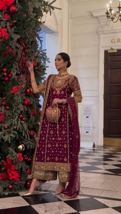 Faux Georgette Sequence Hand Moti and Embroidery work Party Wear Kurti Pant Dupatta Set (Stitched)-Free Size [Alters 38-44]