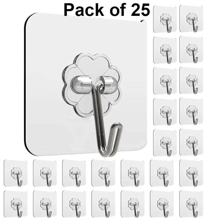 Rudra Adhesive Stronger Plastic Wall Hooks Hangers, Waterproof Stick for Kitchen Bathroom Shower Door Outdoor Home Improvement Utility Hook -25 Pcs Transparent