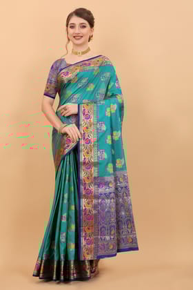 Yavira silk Women's Green Handwoven Silk Blend Saree