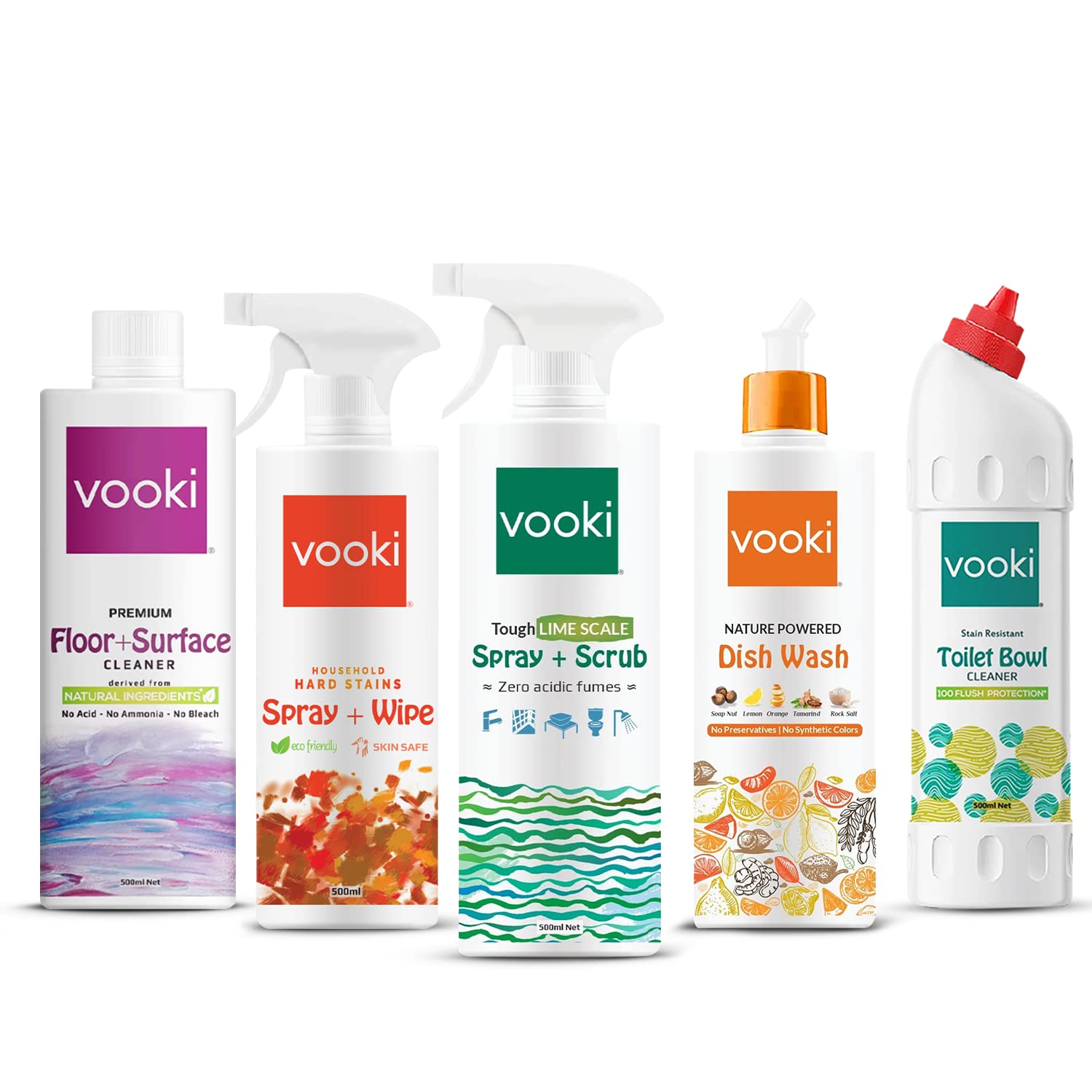 Vooki Ecofriendly Dish wash liquid, Floor Surface Cleaner, Toilet Bowl Cleaner, Lime Scale remover, Hard Stains Spray & Wipe - 2500 ml (Combo Pack of 5)…