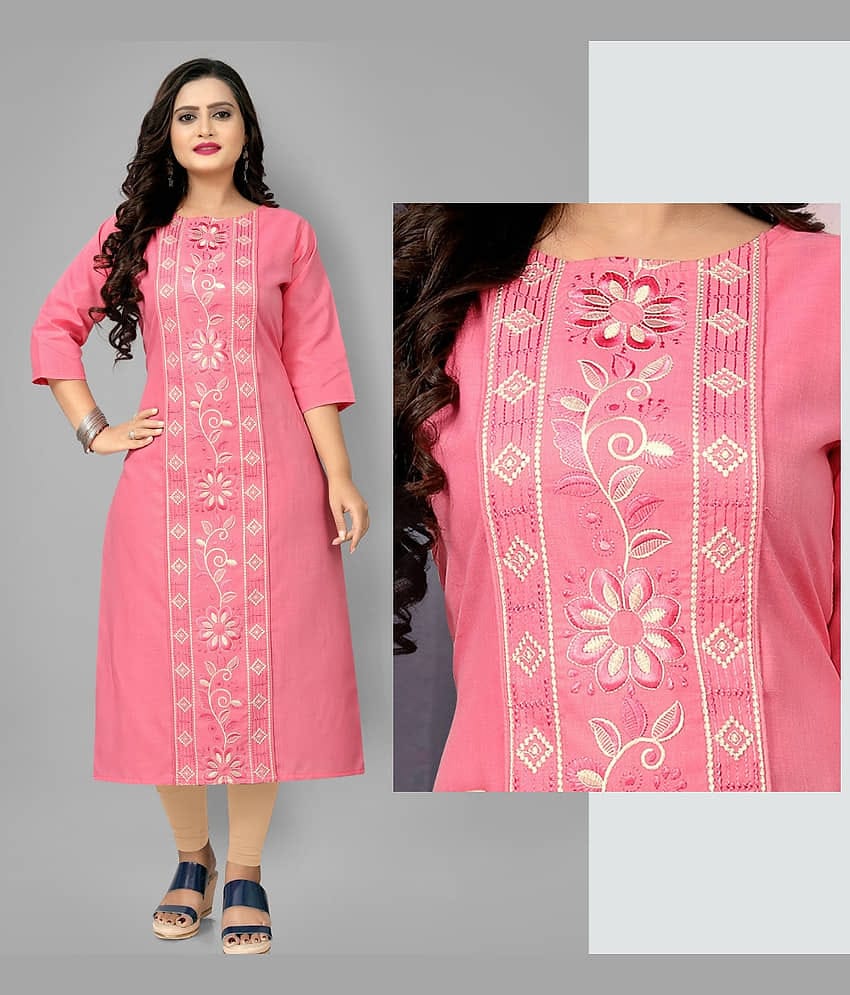 RIAANA Pack of 1 Cotton Blend Embroidered A-line Women's Kurti - ( Pink )