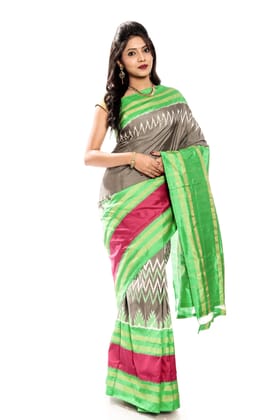 Grey Pochampally Ikkat Silk Saree in Light Green Border